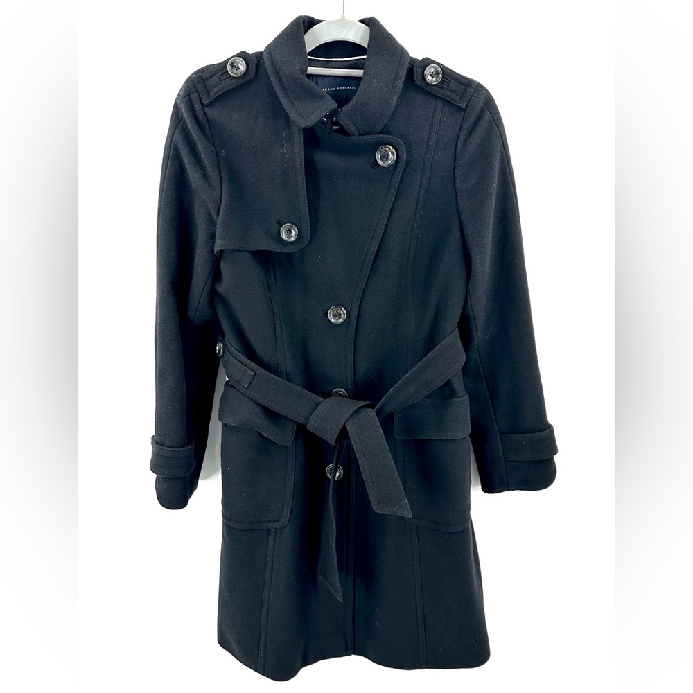 Banana Republic Wool Trench Coat Womens Medium Black Belted Preppy Luxury Classy